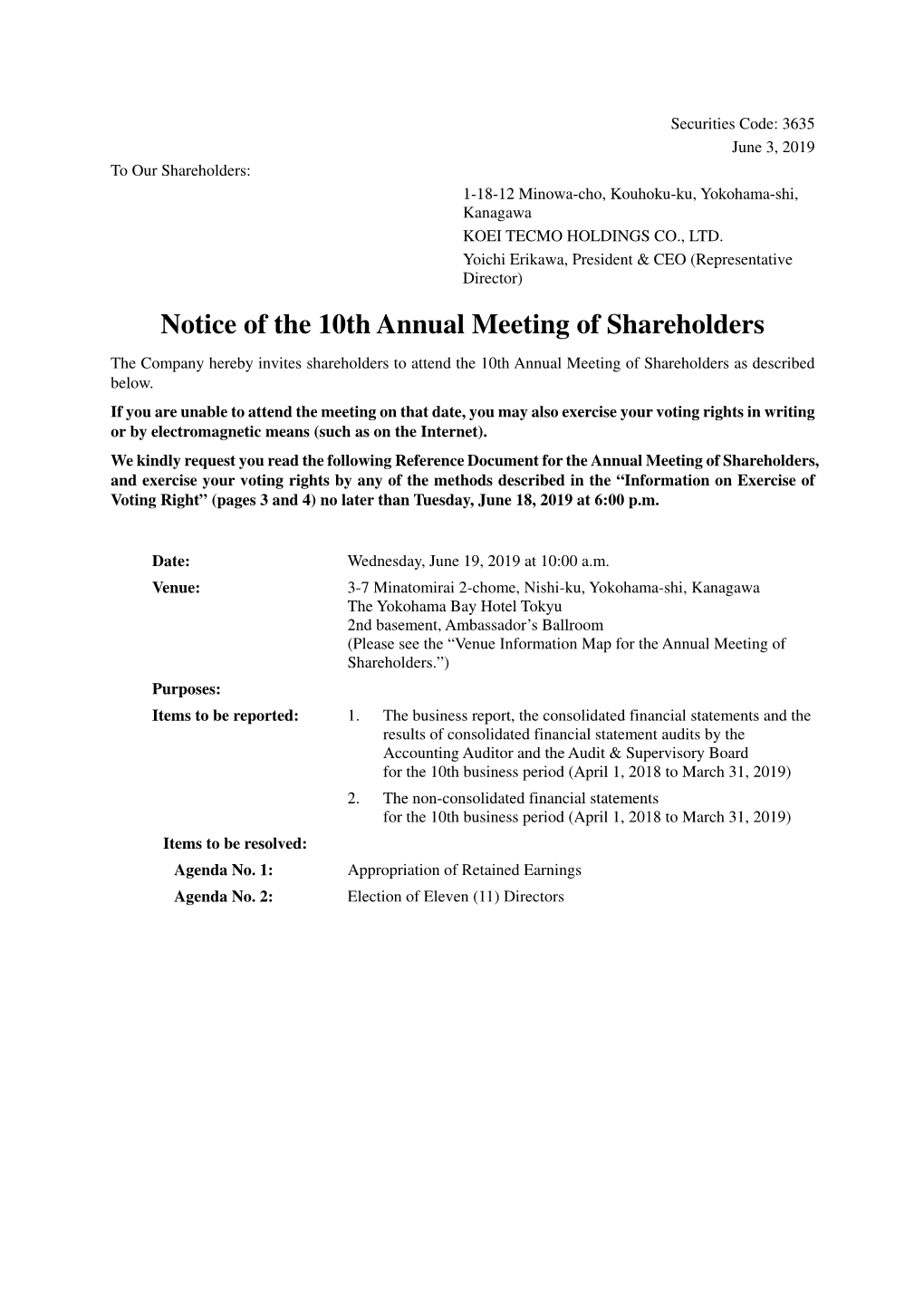 Notice of the 10Th Annual Meeting of Shareholders