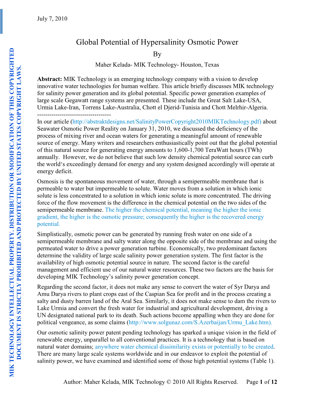 Global Potential of Hypersalinity Osmotic Power