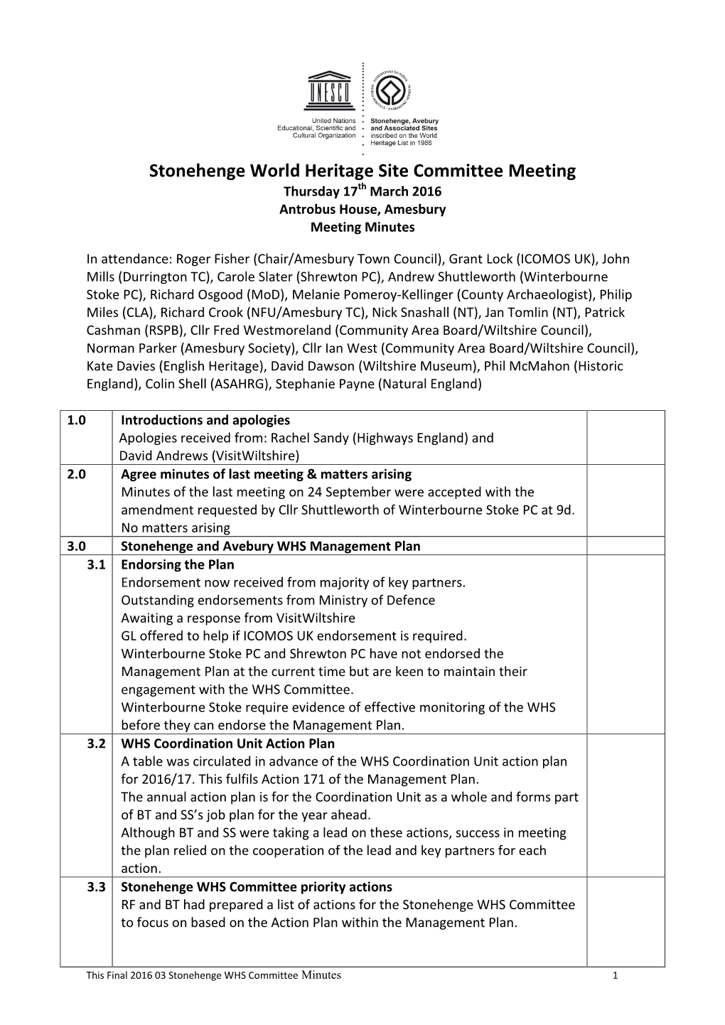 Stonehenge WHS Committee Meeting Minutes-March 2016