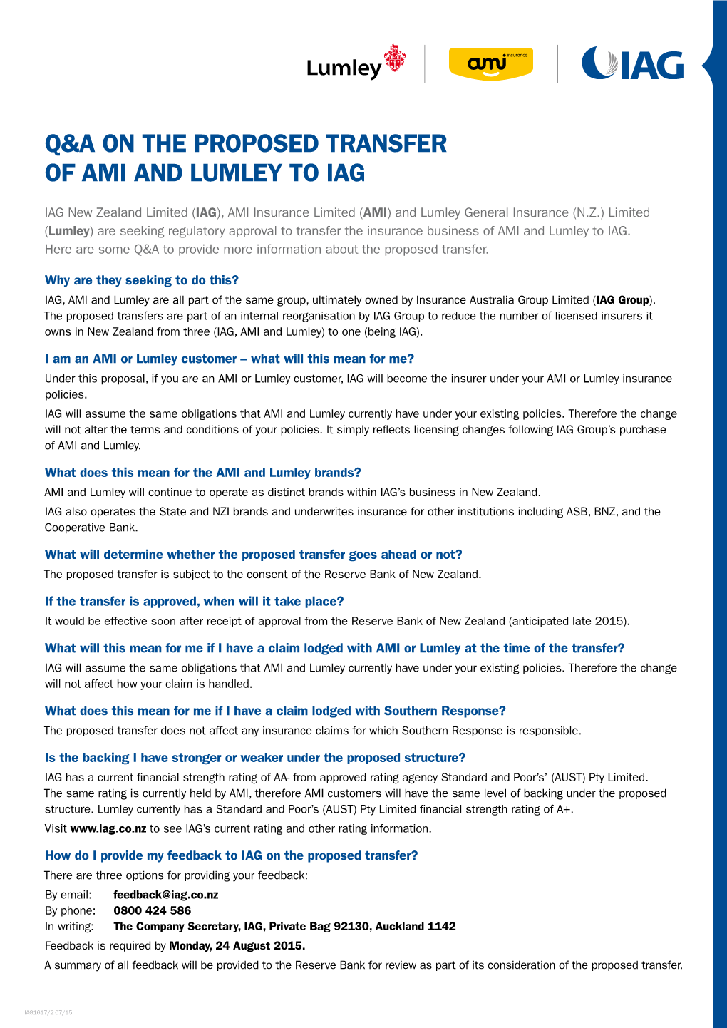 Q&A on the Proposed Transfer of Ami and Lumley