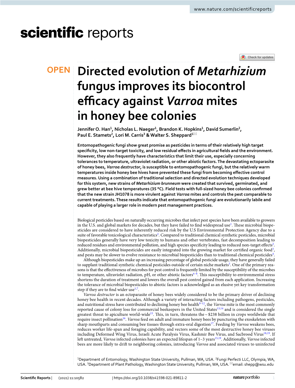 Directed Evolution of Metarhizium Fungus Improves Its Biocontrol Efcacy Against Varroa Mites in Honey Bee Colonies Jennifer O