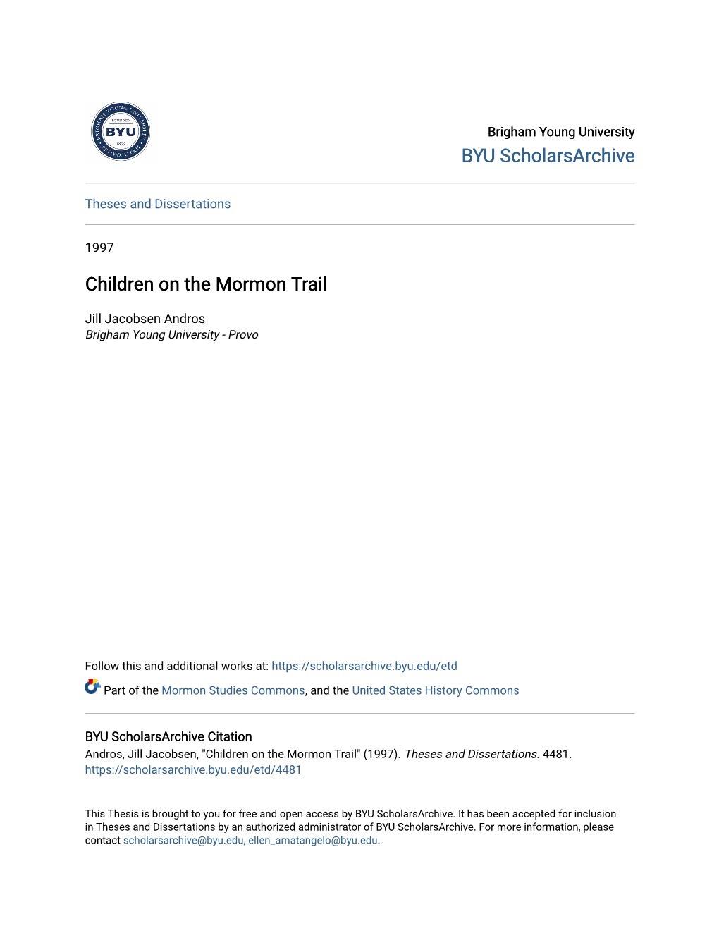 Children on the Mormon Trail