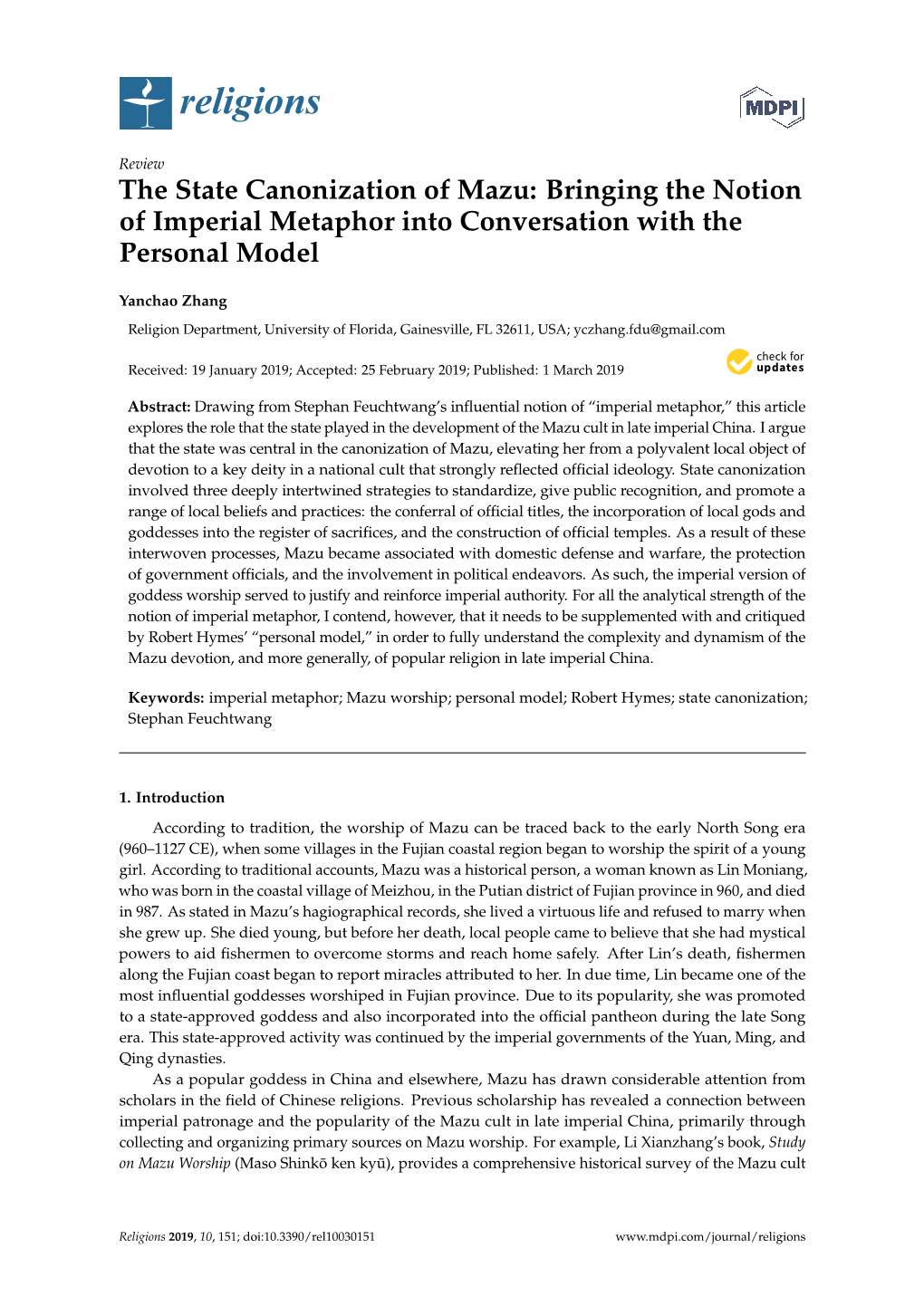 The State Canonization of Mazu: Bringing the Notion of Imperial Metaphor Into Conversation with the Personal Model