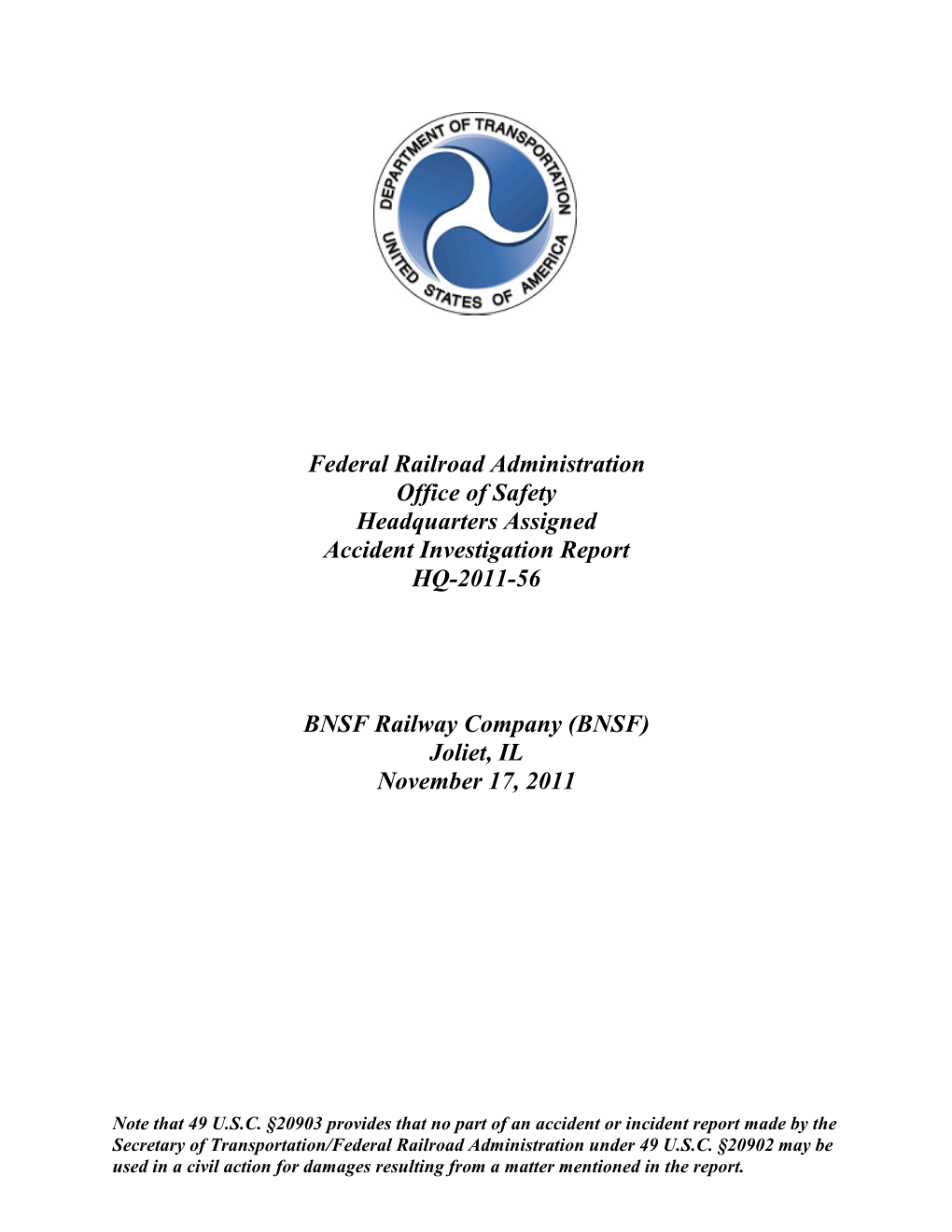 Federal Railroad Administration Office of Safety Headquarters Assigned Accident Investigation Report HQ-2011-56