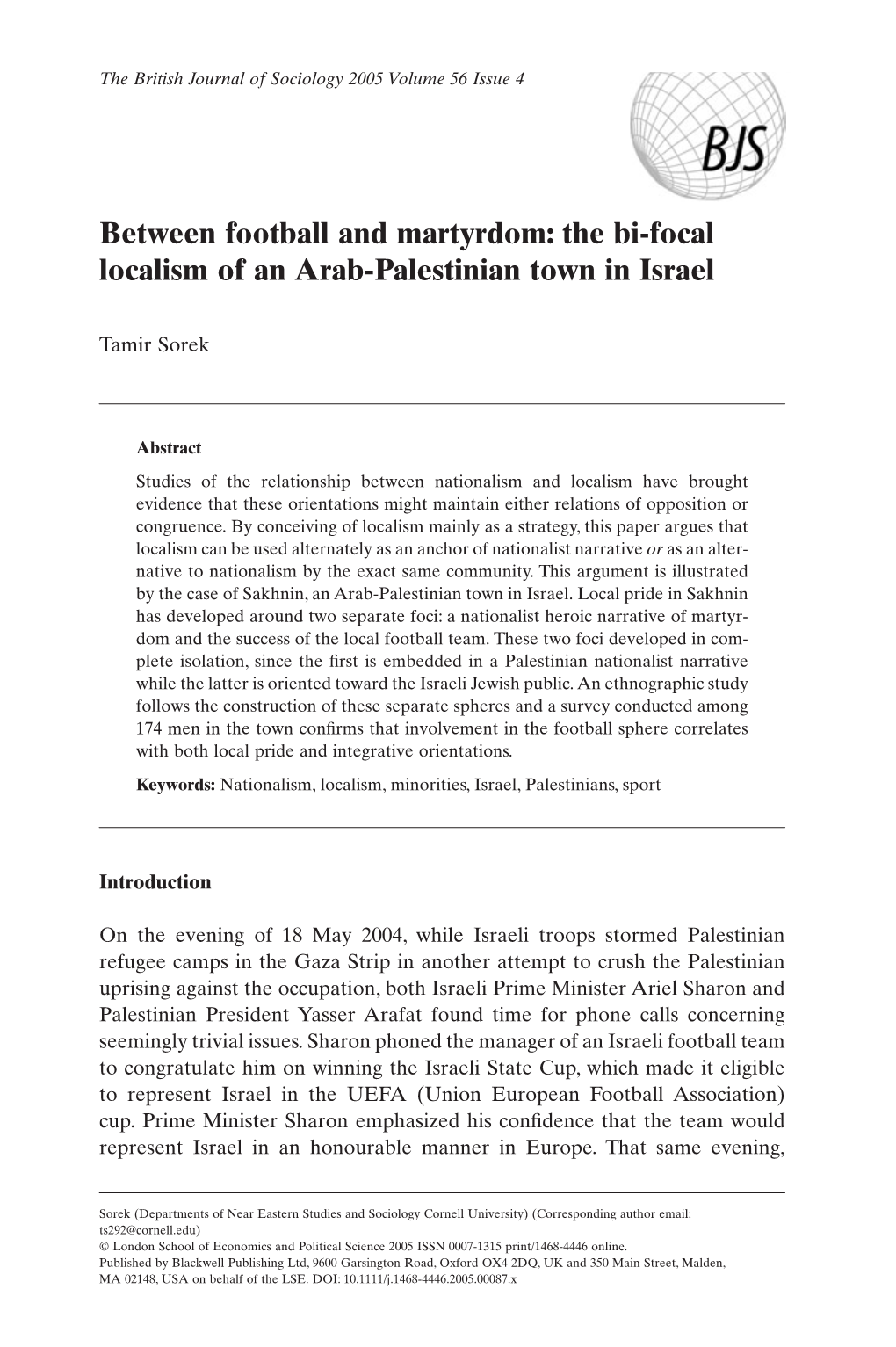 Between Football and Martyrdom: the Bi-Focal Localism of an Arab-Palestinian Town in Israel