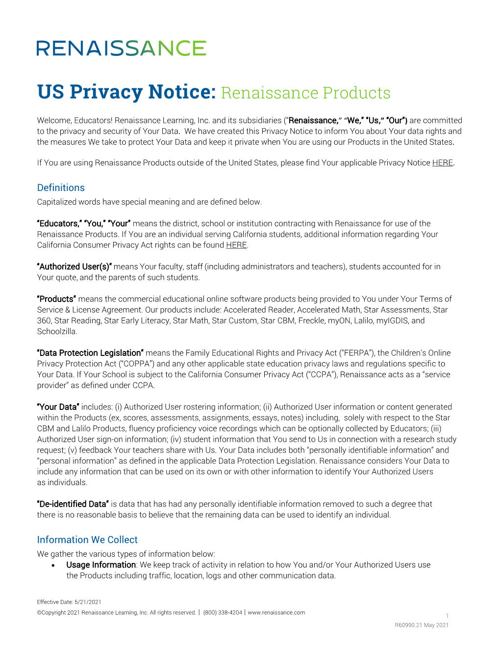 US Privacy Notice: Renaissance Products