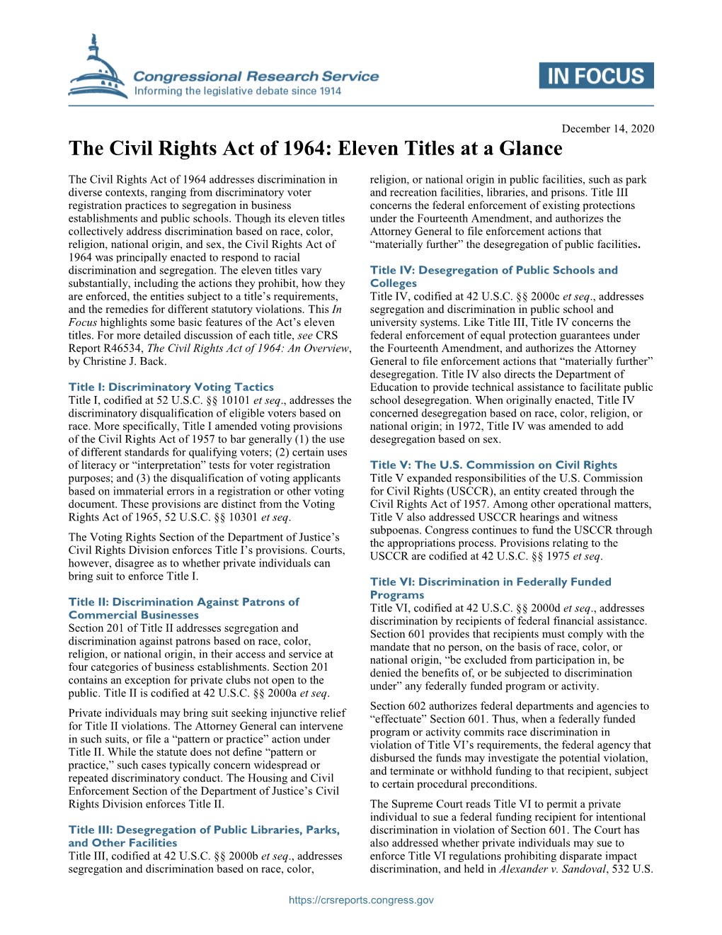 The Civil Rights Act of 1964: Eleven Titles at a Glance