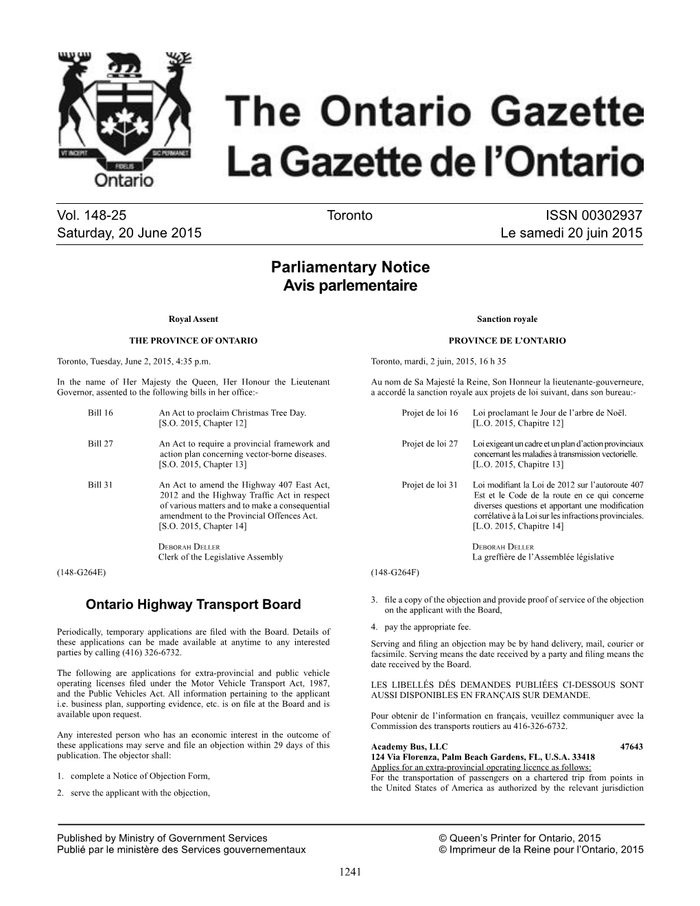 Ontario Gazette Volume 148 Issue 25, La Gazette De L'ontario Volume 148