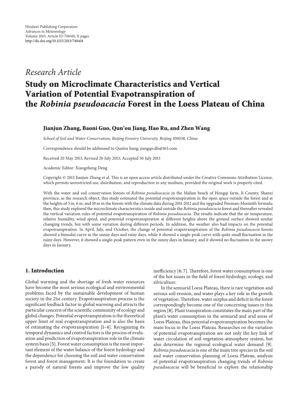 Study on Microclimate Characteristics and Vertical Variation of Potential Evapotranspiration of the Robinia Pseudoacacia Forest in the Loess Plateau of China