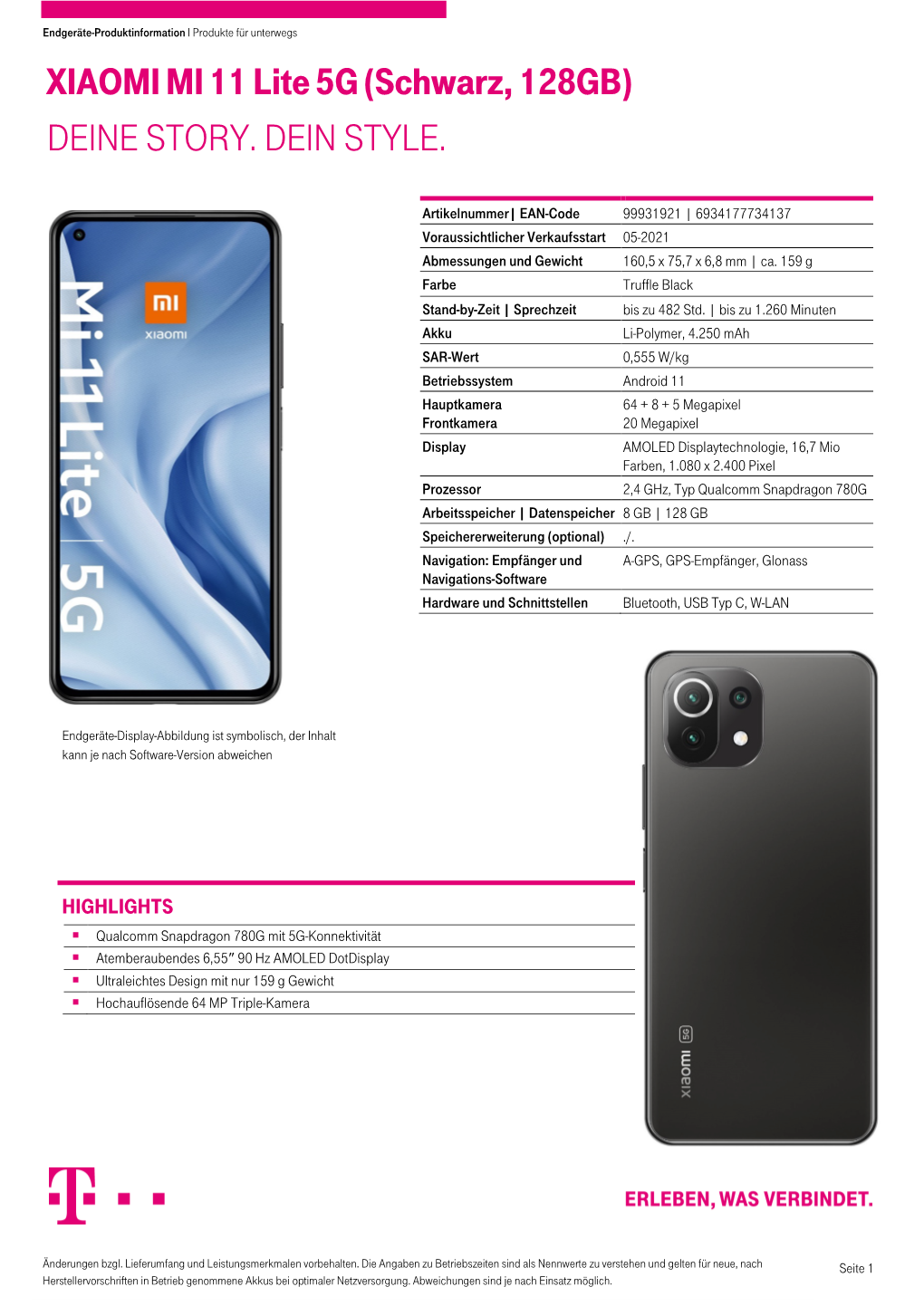 XIAOMI MI 11 Lite 5G (Schwarz, 128GB) DEINE STORY. DEIN STYLE