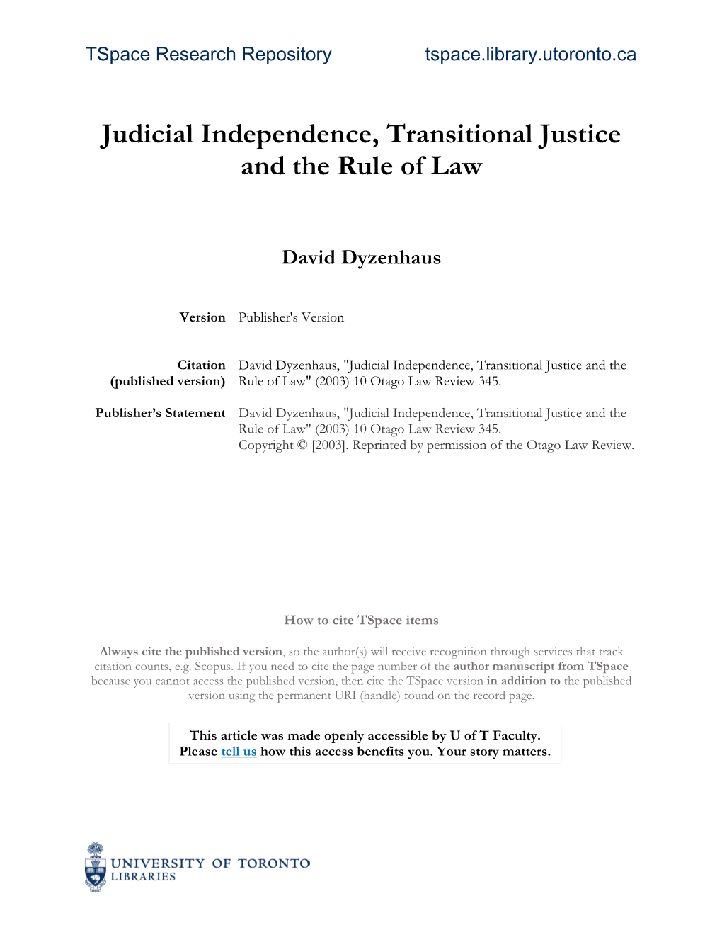 Judicial Independence, Transitional Justice and the Rule of Law