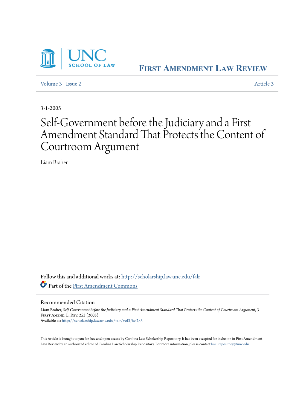 Self-Government Before the Judiciary and a First Amendment Standard That Protects the Content of Courtroom Argument Liam Braber