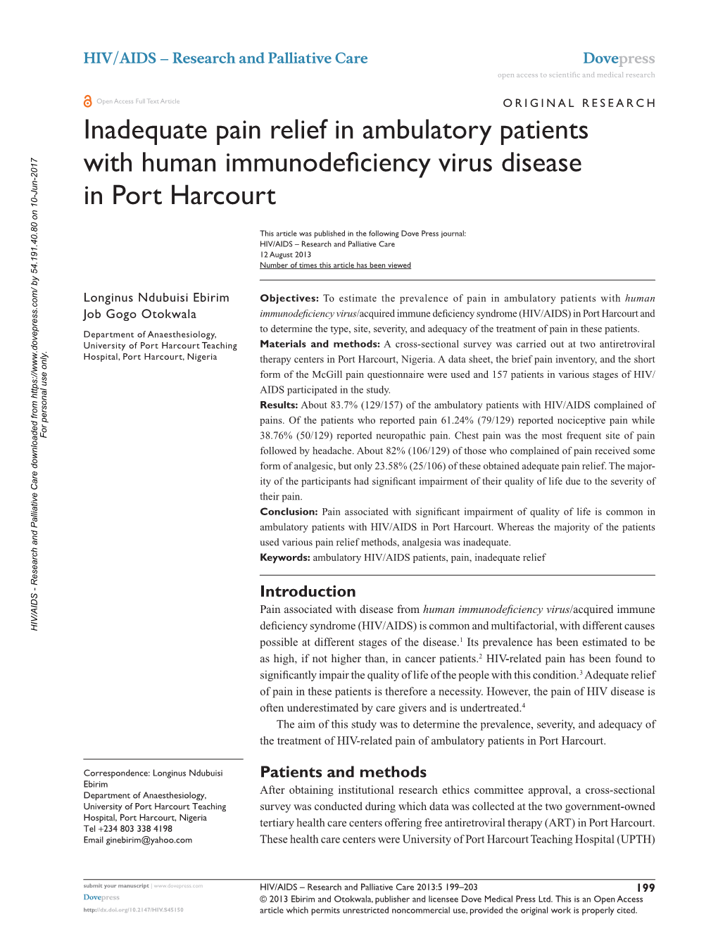 Inadequate Pain Relief in Ambulatory Patients with Human Immunodeficiency Virus Disease in Port Harcourt