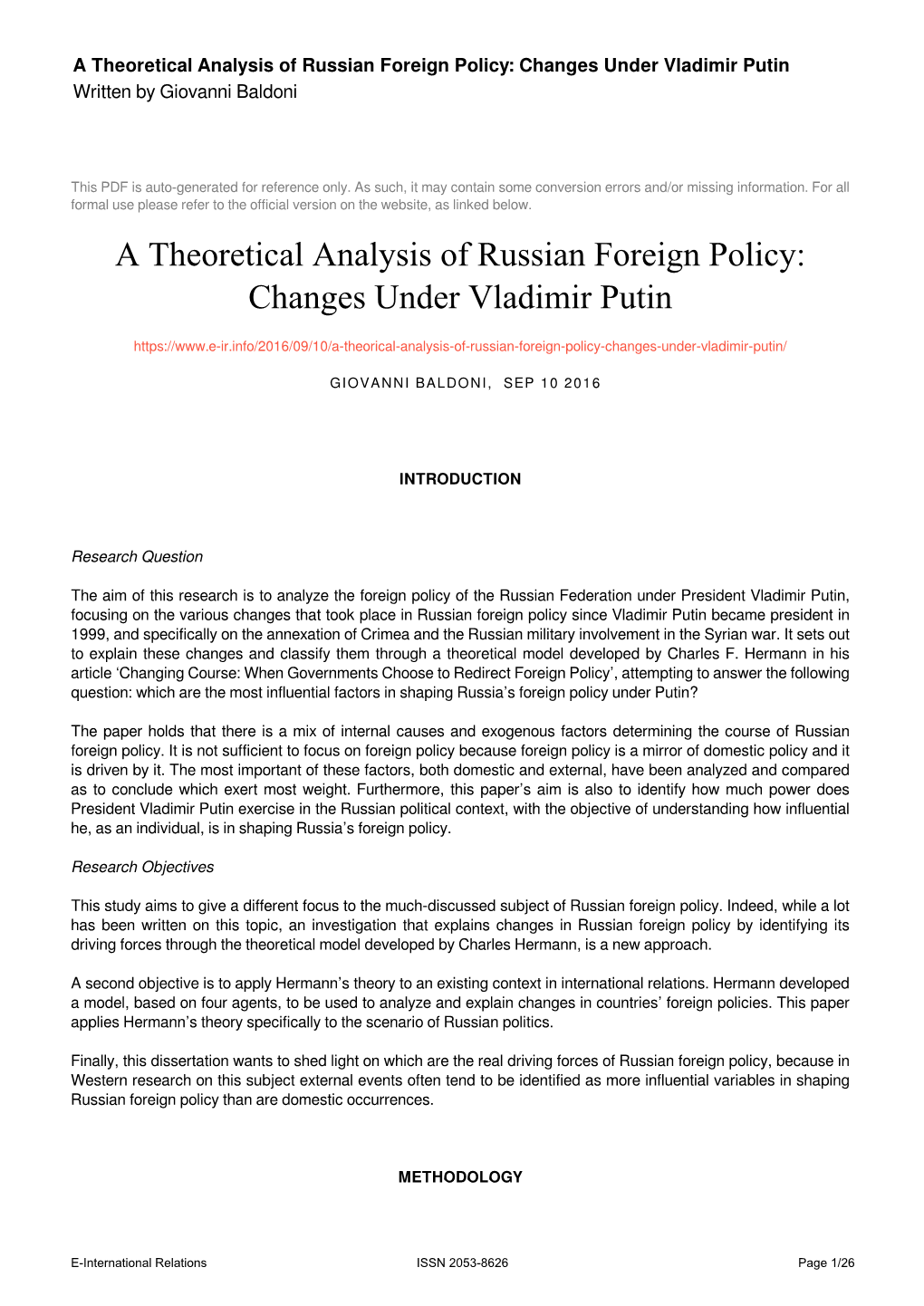 A Theoretical Analysis of Russian Foreign Policy: Changes Under Vladimir Putin Written by Giovanni Baldoni