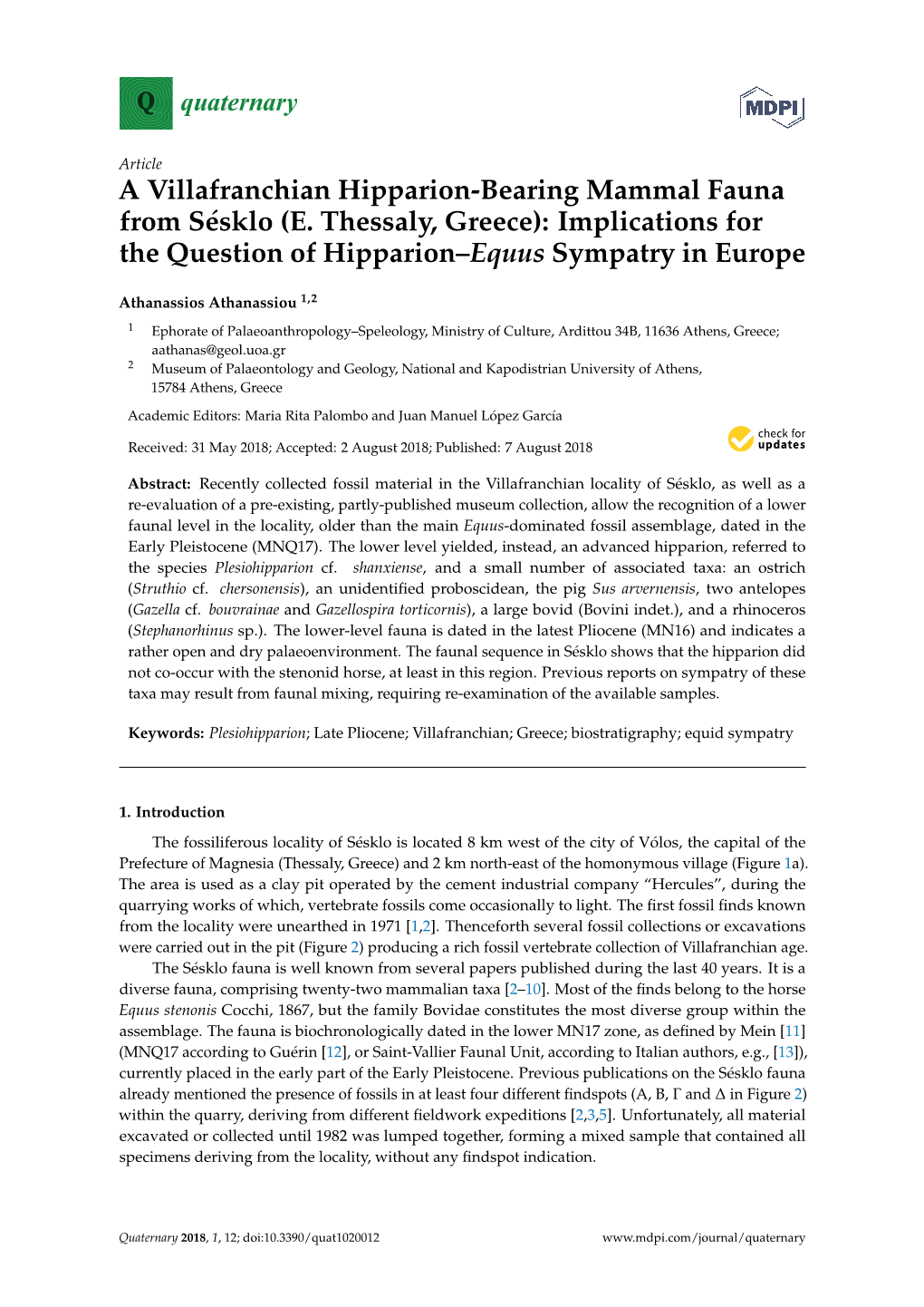 A Villafranchian Hipparion-Bearing Mammal Fauna from Sésklo (E. Thessaly, Greece): Implications for the Question of Hipparion–Equus Sympatry in Europe