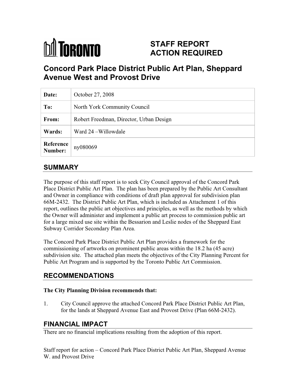 STAFF REPORT ACTION REQUIRED Concord Park Place District Public Art Plan, Sheppard Avenue West and Provost Drive