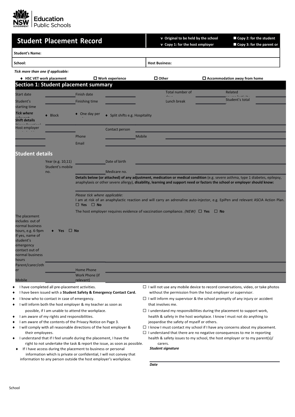 HSC VET Work Placement Work Experience Other Accommodation Away from Home