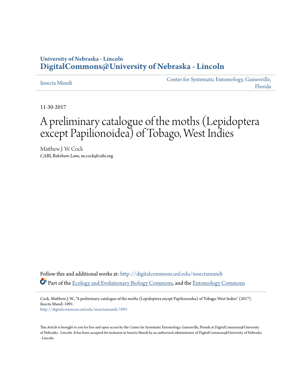 A Preliminary Catalogue of the Moths (Lepidoptera Except Papilionoidea) of Tobago, West Indies Matthew .J W