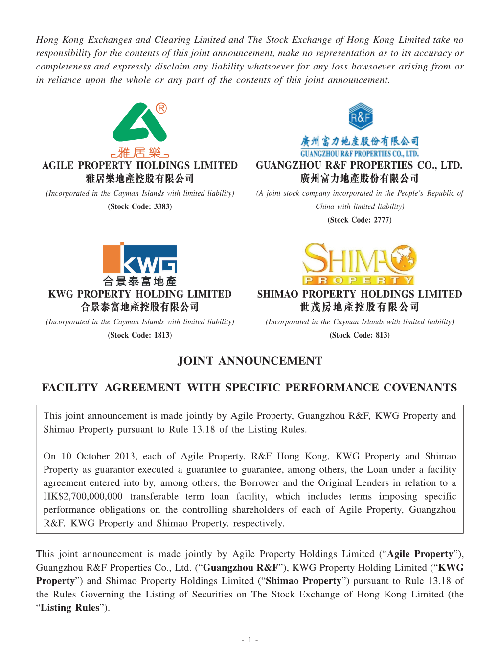 Joint Announcement Facility Agreement with Specific