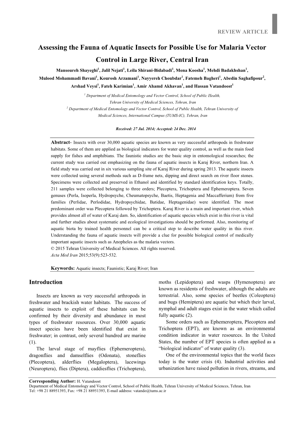 Assessing the Fauna of Aquatic Insects for Possible Use for Malaria Vector Control in Large River, Central Iran