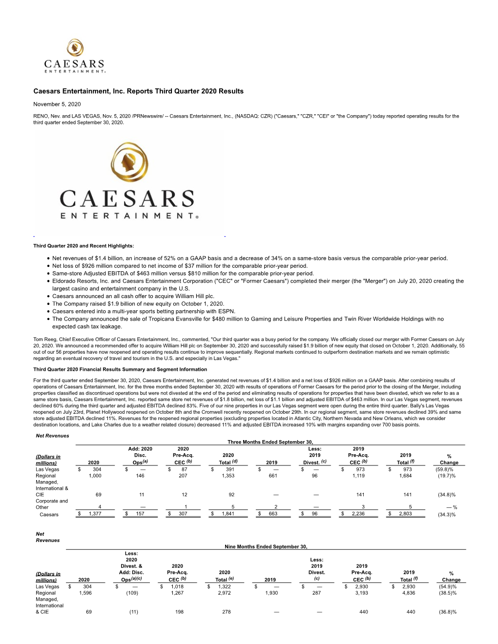 Caesars Entertainment, Inc. Reports Third Quarter 2020 Results