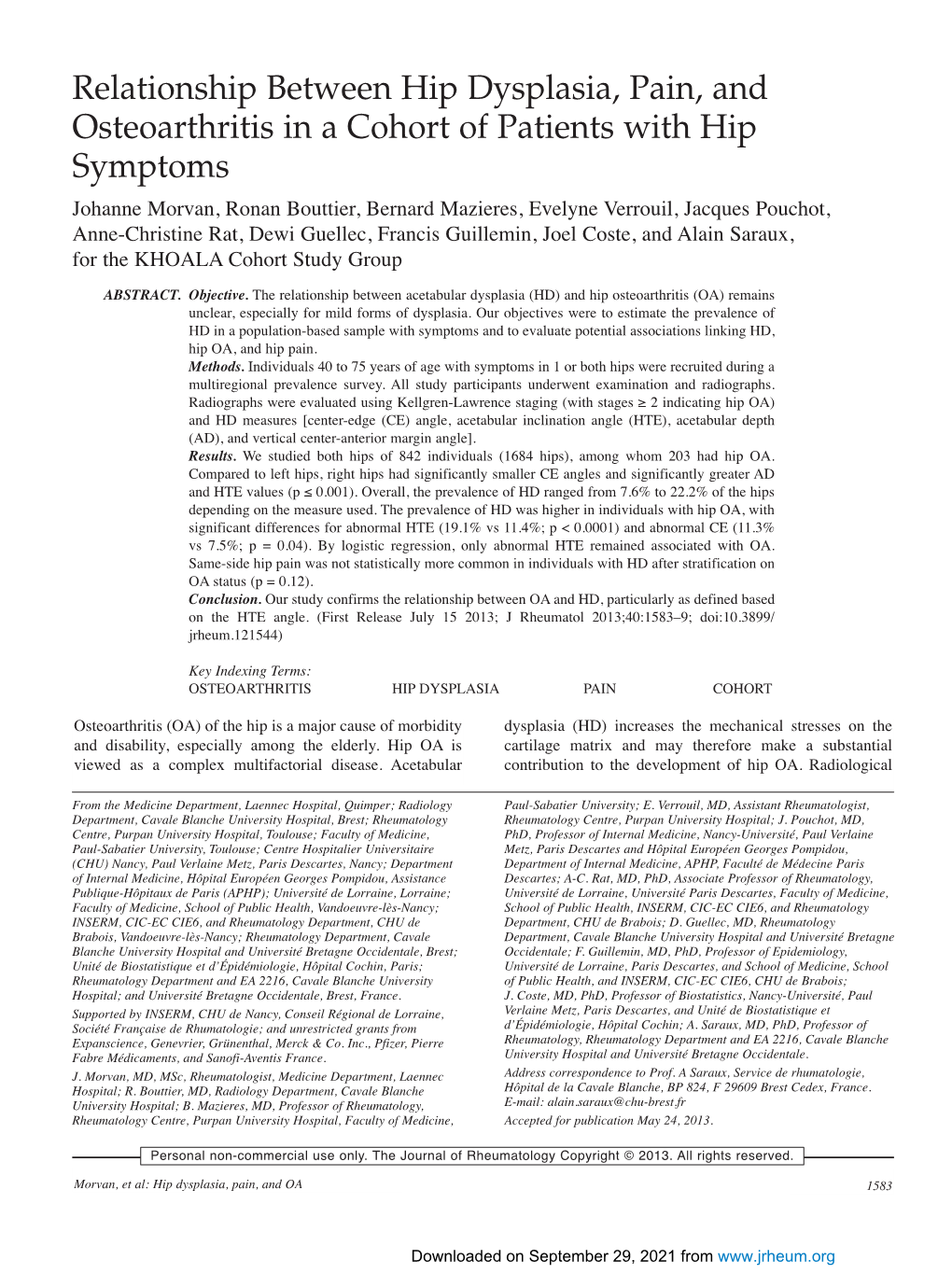 Relationship Between Hip Dysplasia, Pain, and Osteoarthritis in a Cohort of Patients with Hip Symptoms