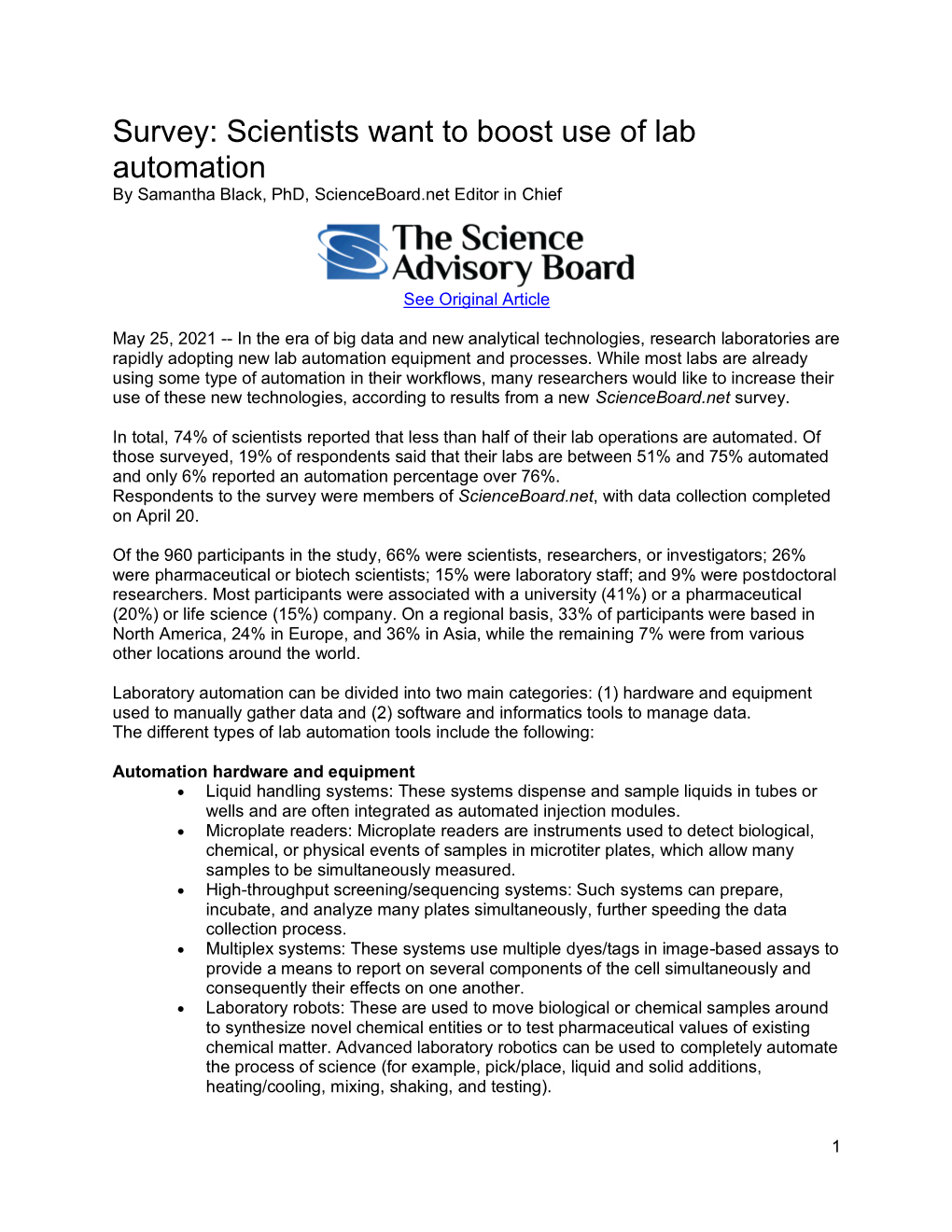 Survey: Scientists Want to Boost Use of Lab Automation by Samantha Black, Phd, Scienceboard.Net Editor in Chief