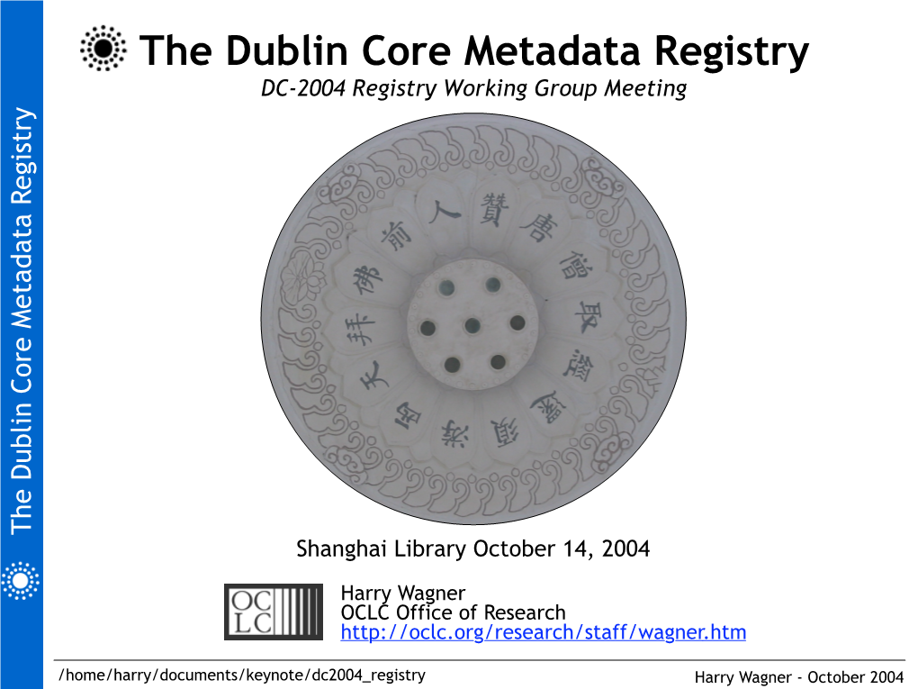 The Dublin Core Metadata Registry DC-2004 Registry Working Group Meeting Egistry the Dublin Core Metadata R Shanghai Library October 14, 2004
