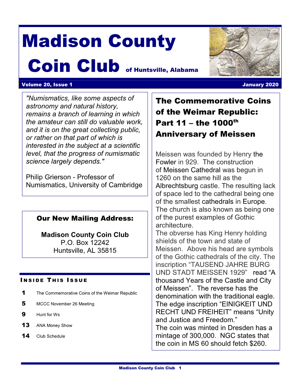 Madison County Coin Club the Obverse Has King Henry Holding P.O