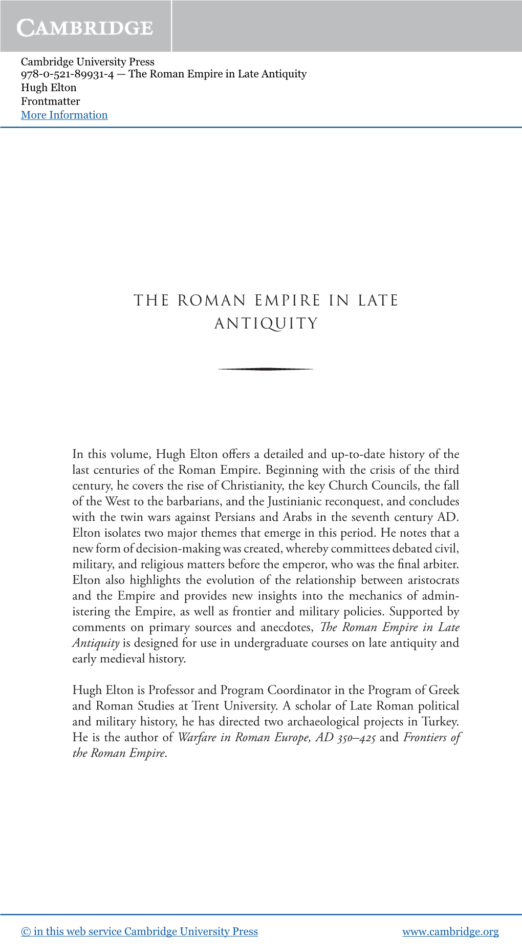 The Roman Empire in Late Antiquity Hugh Elton Frontmatter More Information I