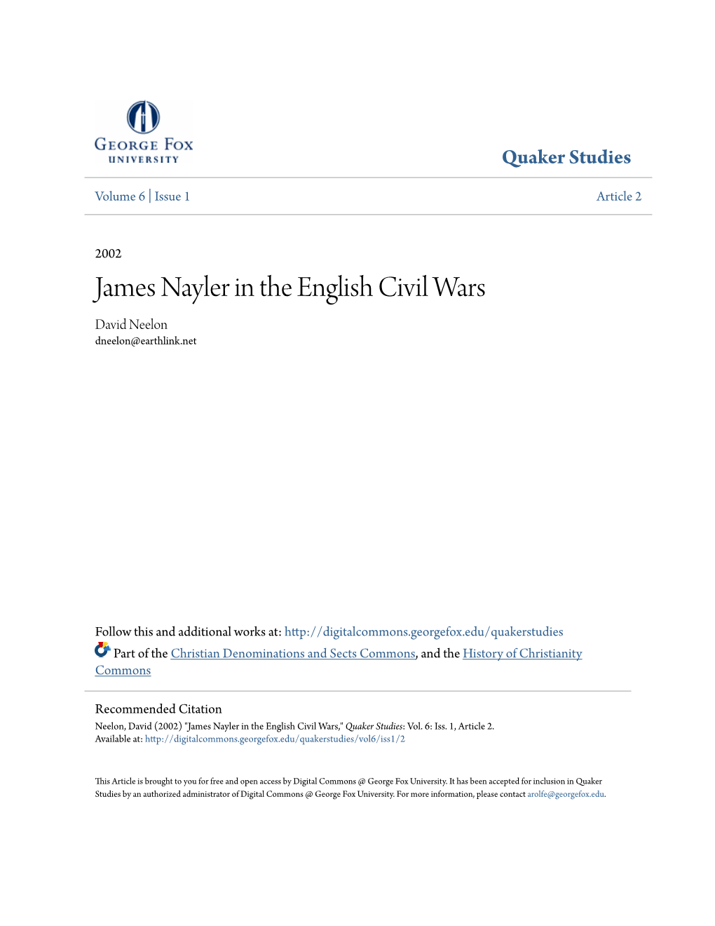 James Nayler in the English Civil Wars David Neelon Dneelon@Earthlink.Net