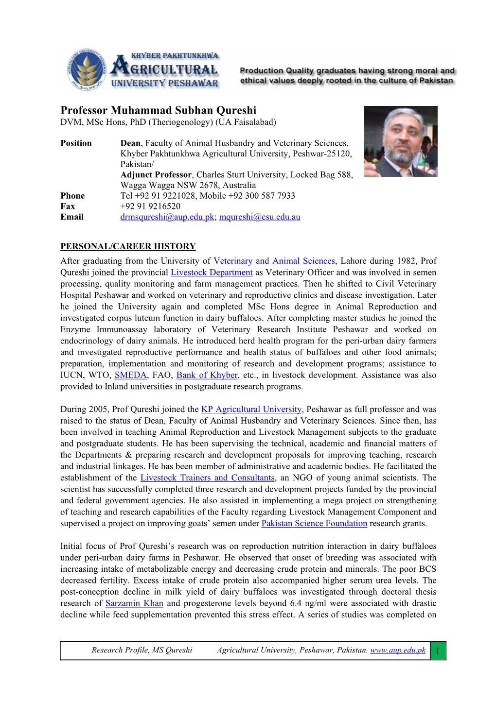 Professor Muhammad Subhan Qureshi DVM, Msc Hons, Phd (Theriogenology) (UA Faisalabad)