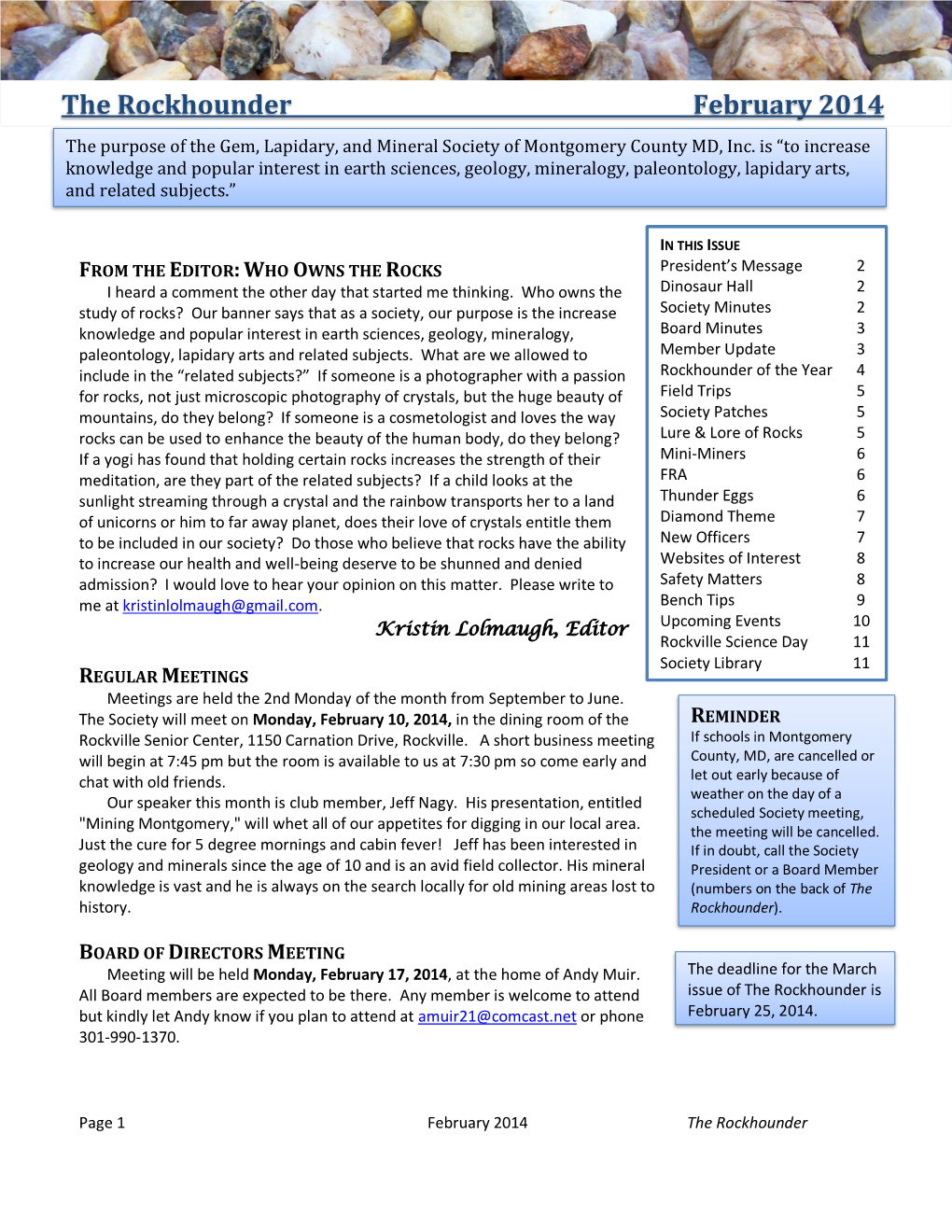 The Rockhounder February 2014 the Purpose of the Gem, Lapidary, and Mineral Society of Montgomery County MD, Inc