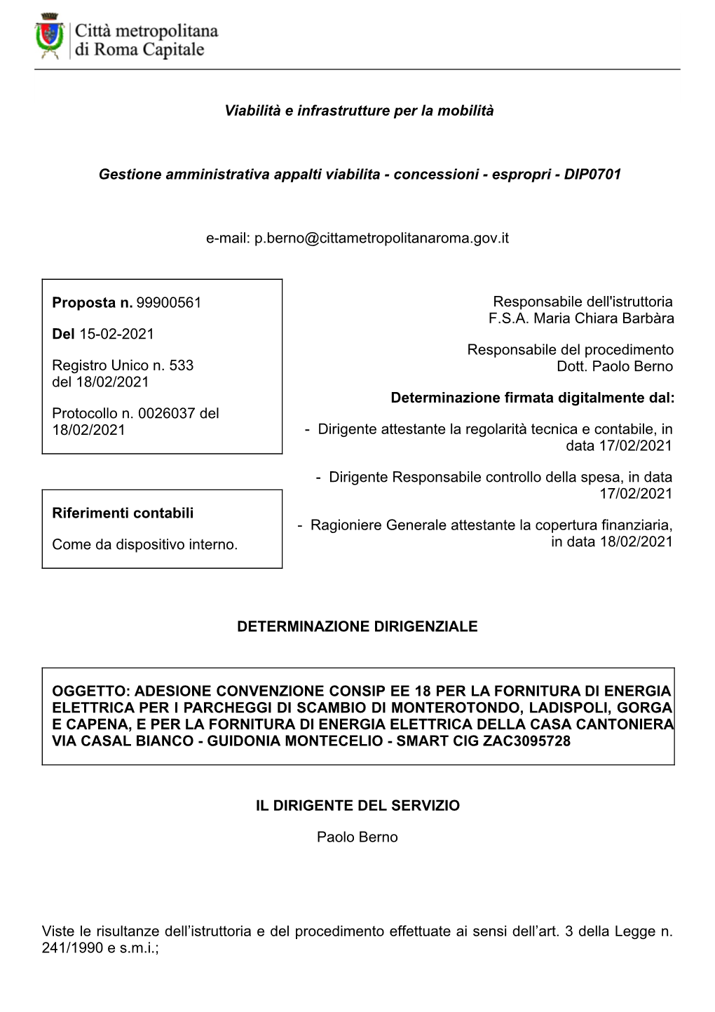 Determinazione Dirigenziale N. 533 Del 18/02/2021