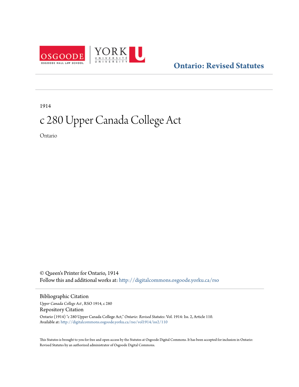 C 280 Upper Canada College Act Ontario