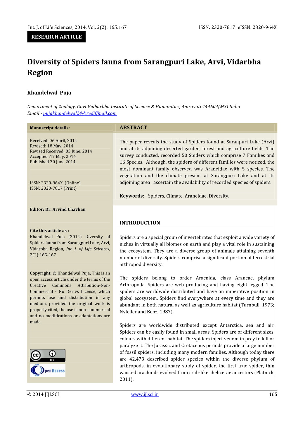 Diversity of Spiders Fauna from Sarangpuri Lake, Arvi, Vidarbha Region