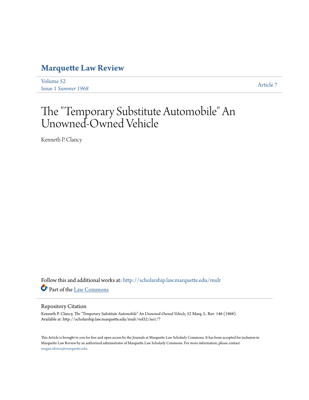 Temporary Substitute Automobile" an Unowned-Owned Vehicle Kenneth P