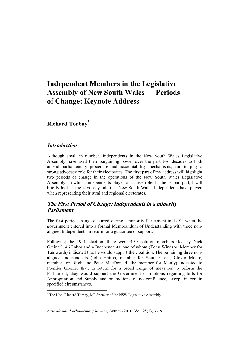 Independent Members in the Legislative Assembly of New South Wales — Periods of Change: Keynote Address