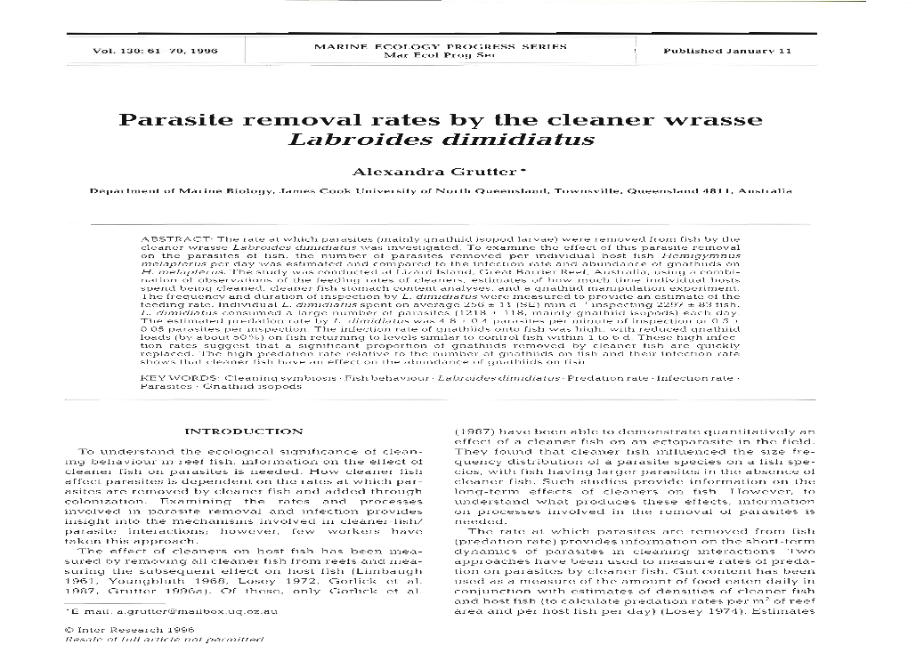 Parasite Removal Rates by the Cleaner Wrasse La Broides Dimidiatus