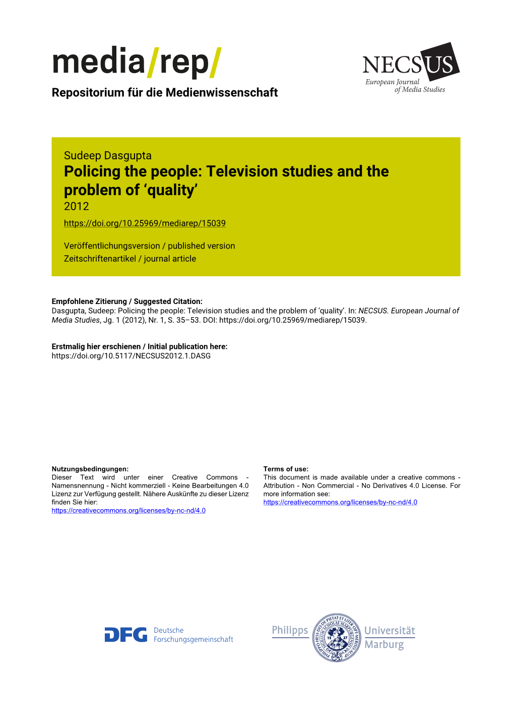 Policing the People: Television Studies and the Problem of 'Quality'