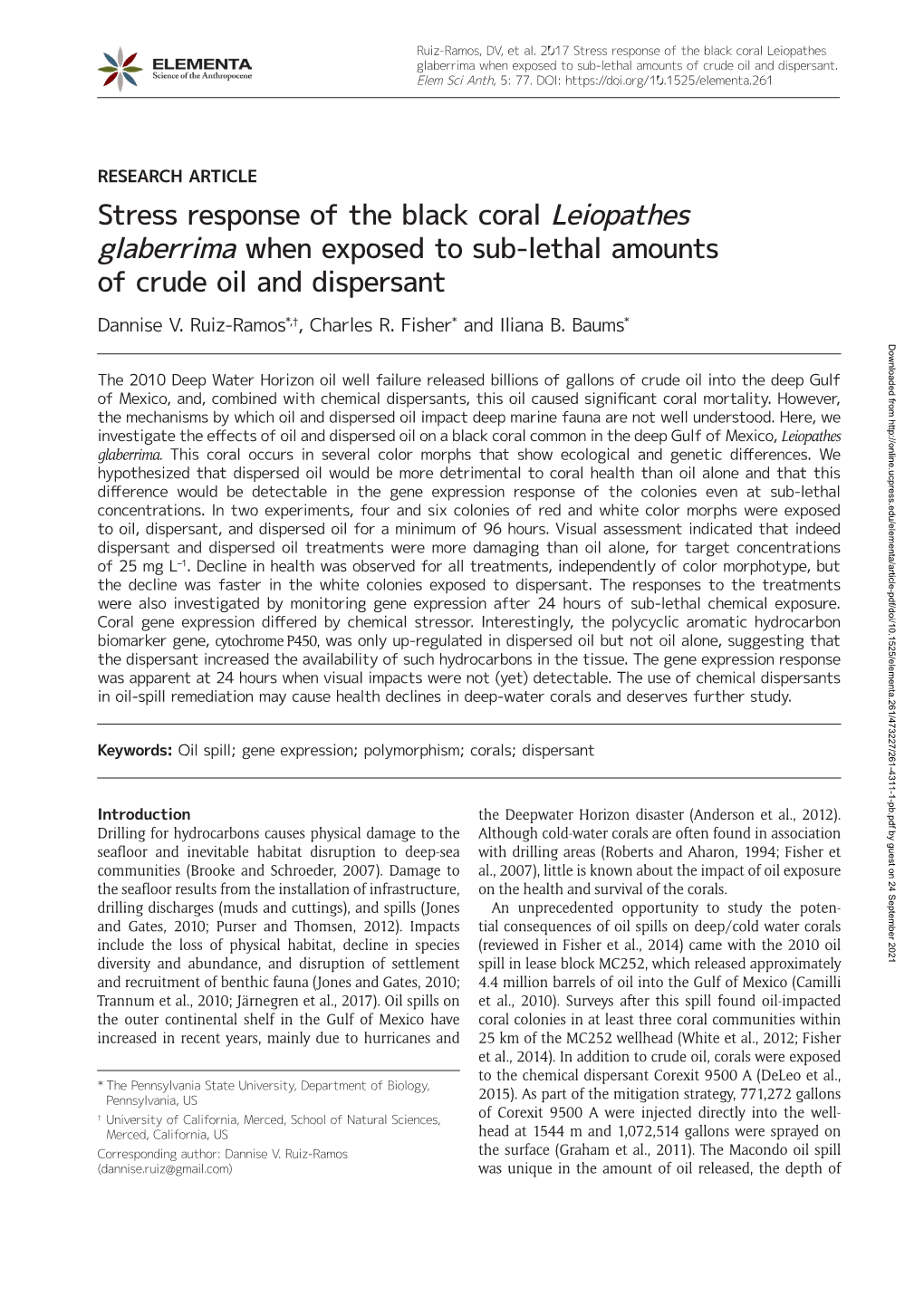 Stress Response of the Black Coral Leiopathes Glaberrima When Exposed to Sub-Lethal Amounts of Crude Oil and Dispersant