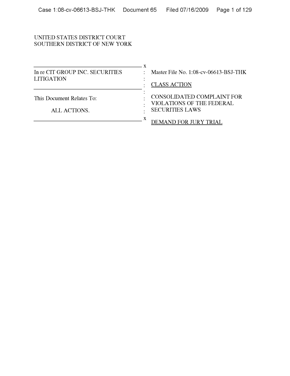 In Re CIT Group Inc. Securities Litigation 08-CV-06613