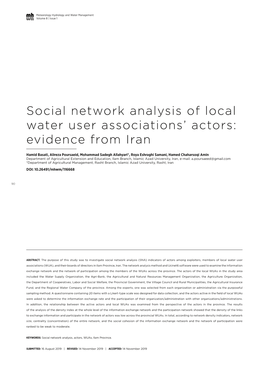 Social Network Analysis of Local Water User Associations' Actors: Evidence