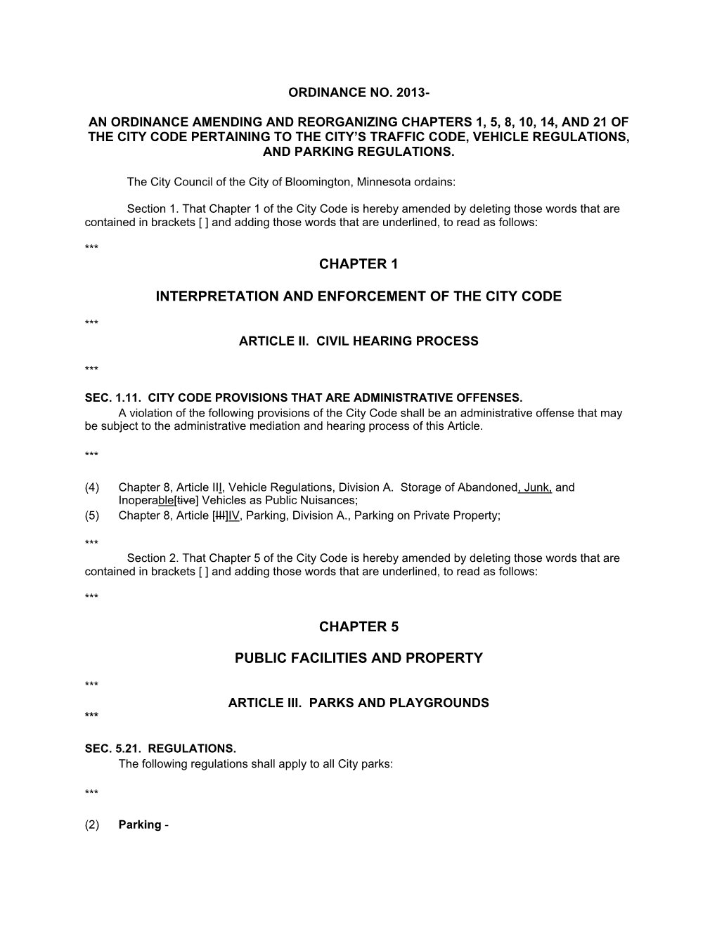 Final Ordinance Amending and Reorganizing Chapters 1,5,8,10,14