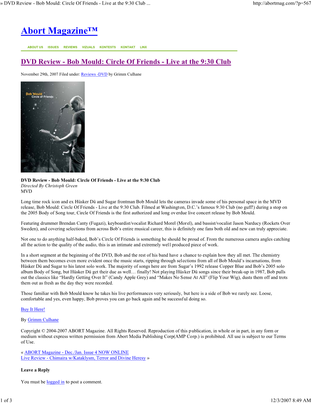 DVD Review - Bob Mould: Circle of Friends - Live at the 9:30 Club