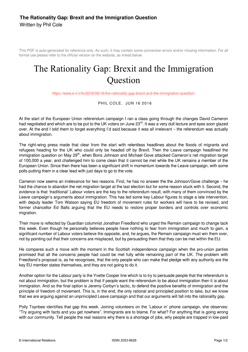 Brexit and the Immigration Question Written by Phil Cole