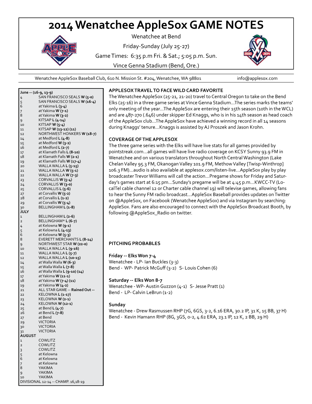 2014 Wenatchee Applesox GAME NOTES Wenatchee at Bend Friday-Sunday (July 25-27) Game Times: 6:35 P.M Fri