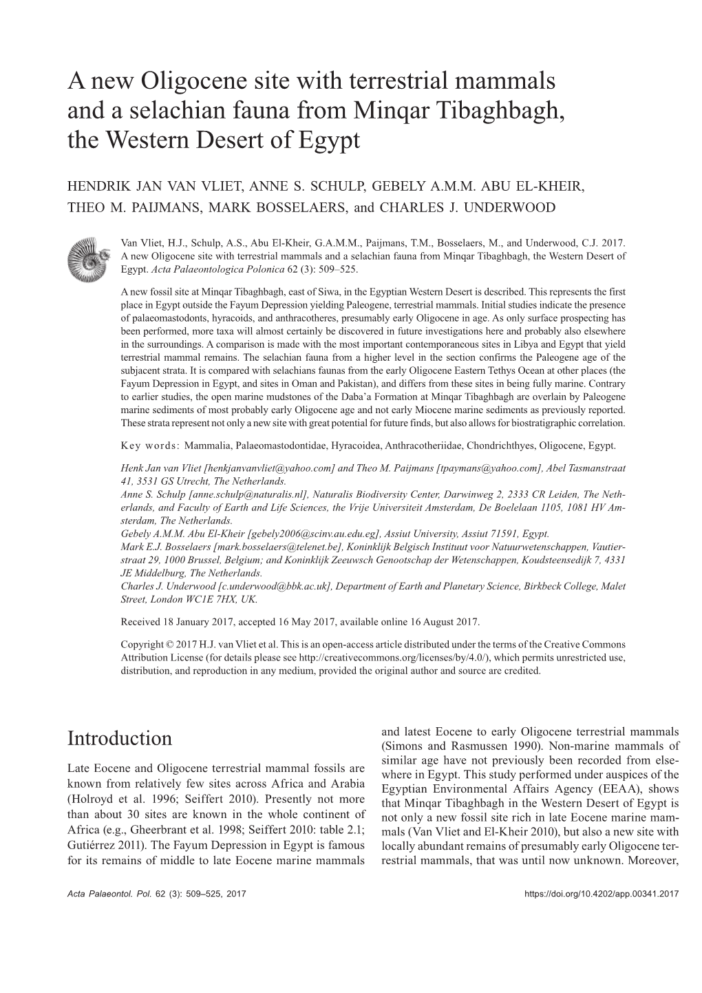 A New Oligocene Site with Terrestrial Mammals and a Selachian Fauna from Minqar Tibaghbagh, the Western Desert of Egypt