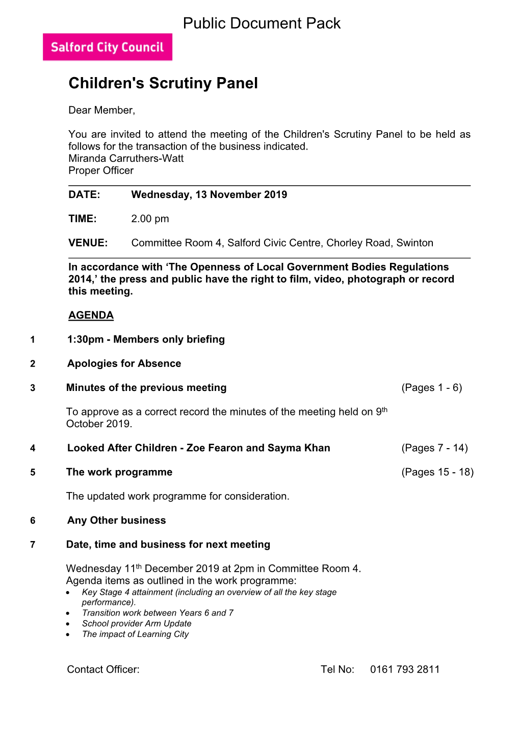 (Public Pack)Agenda Document for Children's Scrutiny Panel, 13/11