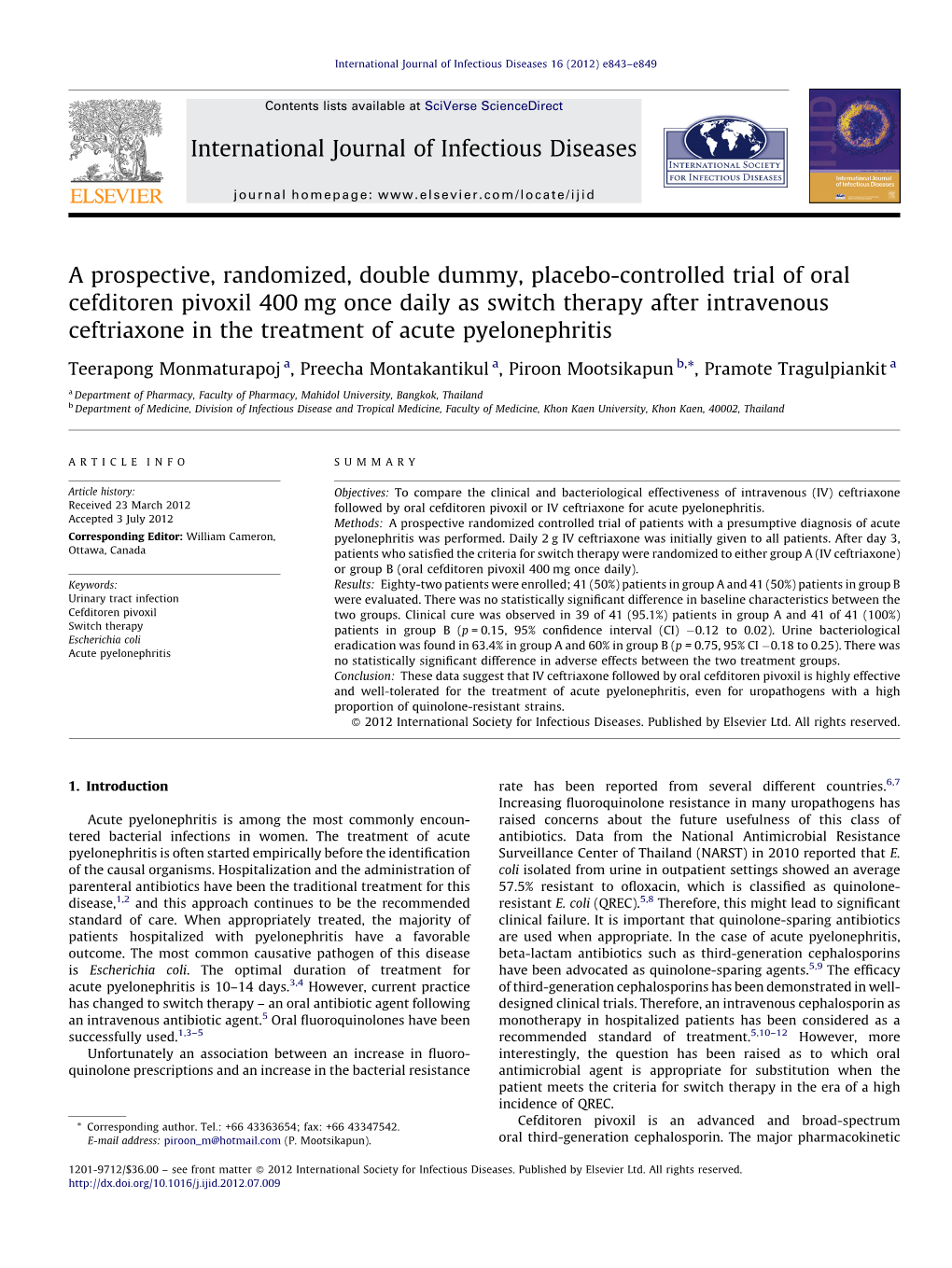 A Prospective, Randomized, Double Dummy, Placebo-Controlled Trial of Oral